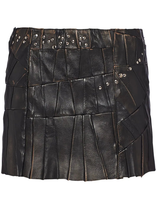 Stud-Embellished Patchwork Mini Skirt
