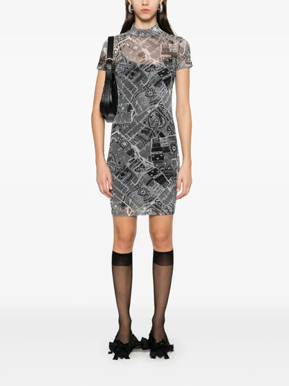 Newspaper-Print Mesh Mini Dress