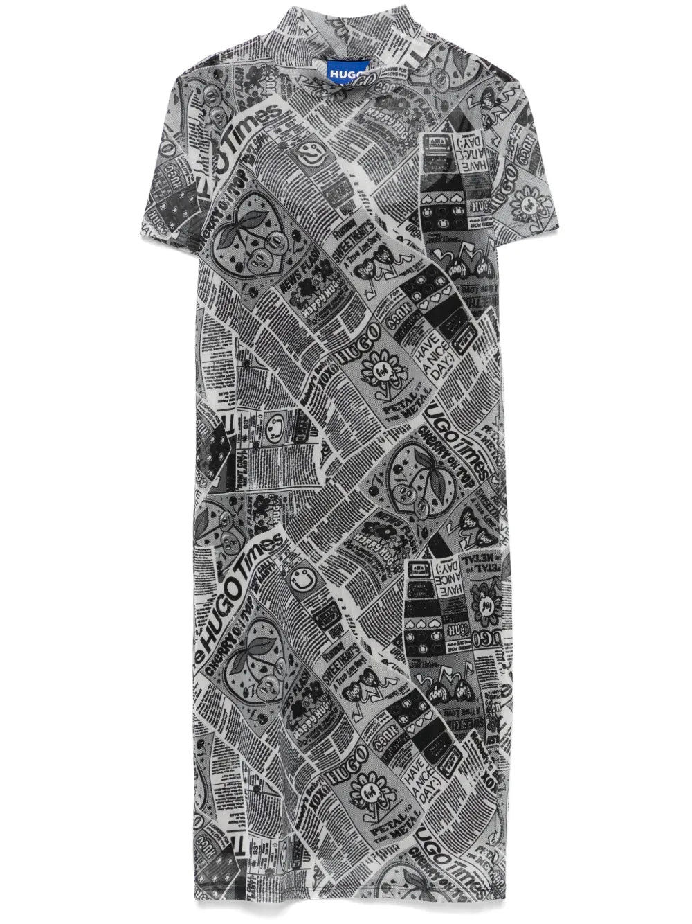 Newspaper-Print Mesh Mini Dress