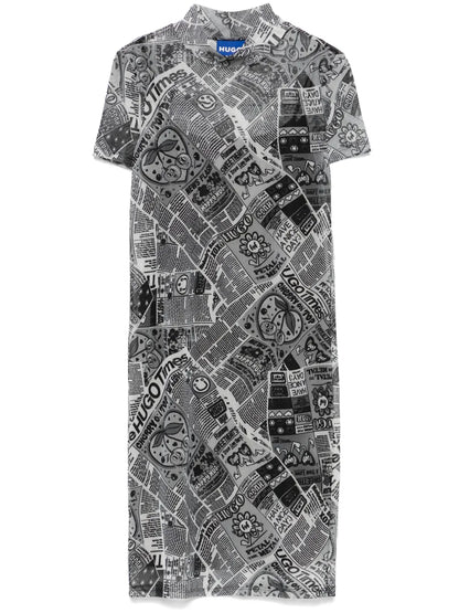 Newspaper-Print Mesh Mini Dress