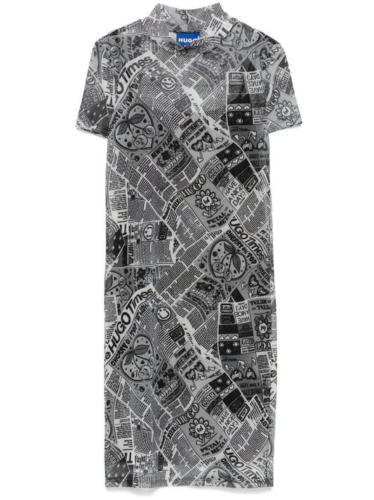 Newspaper-Print Mesh Mini Dress
