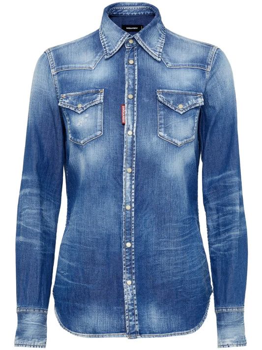 Whiskering-Effect Denim Shirt