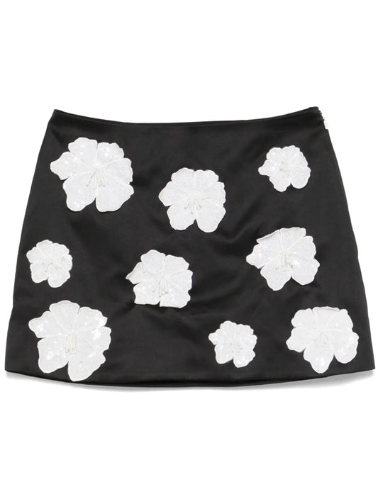 Floral-Appliqué Satin Mini Skirt