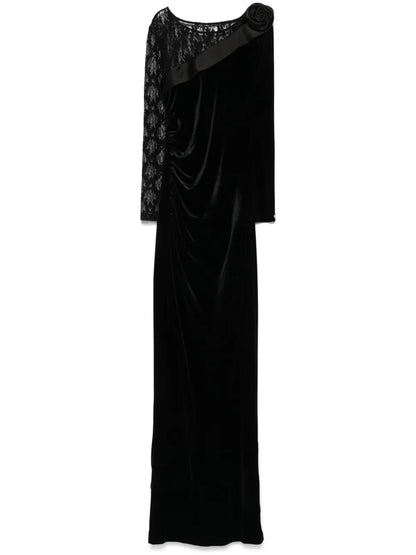 Lace-Insert Velvet Maxi Dress