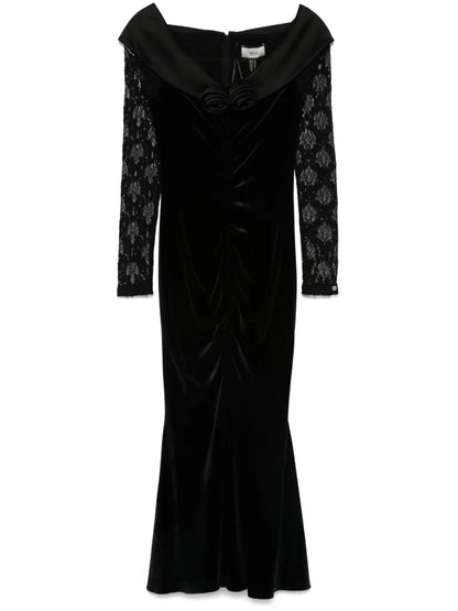 Floral-Appliqué Velvet Midi Dress