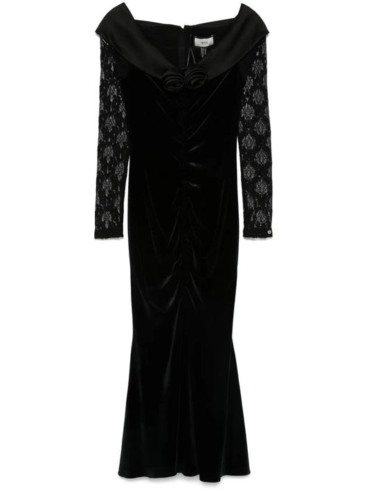 Floral-Appliqué Velvet Midi Dress