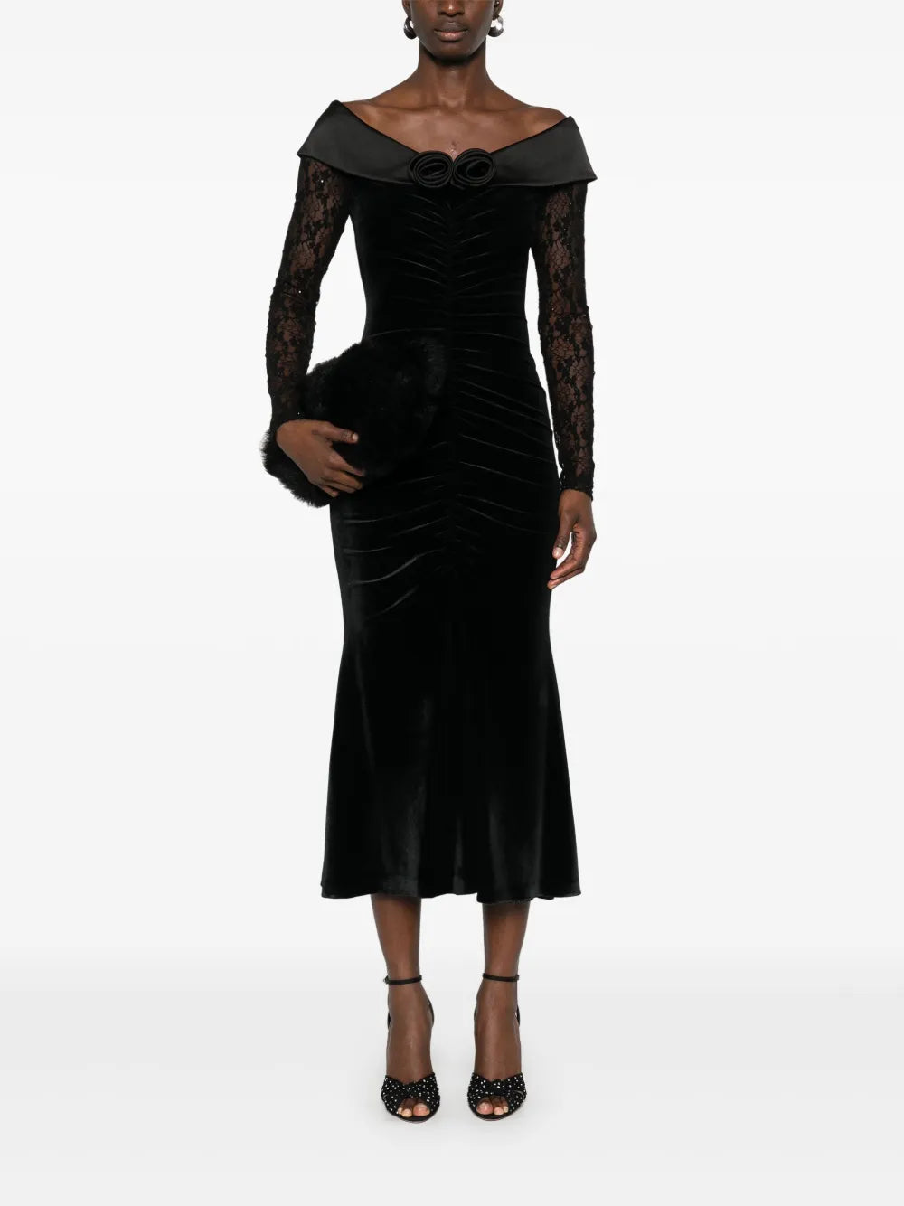 Floral-Appliqué Velvet Midi Dress