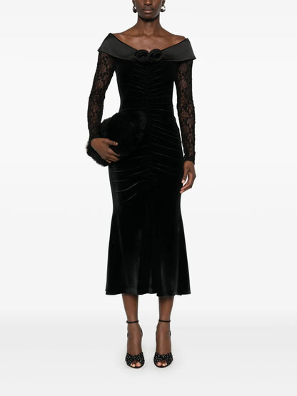 Floral-Appliqué Velvet Midi Dress