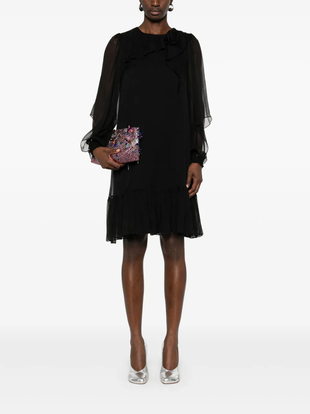 Floral-Appliqué Silk Midi Dress