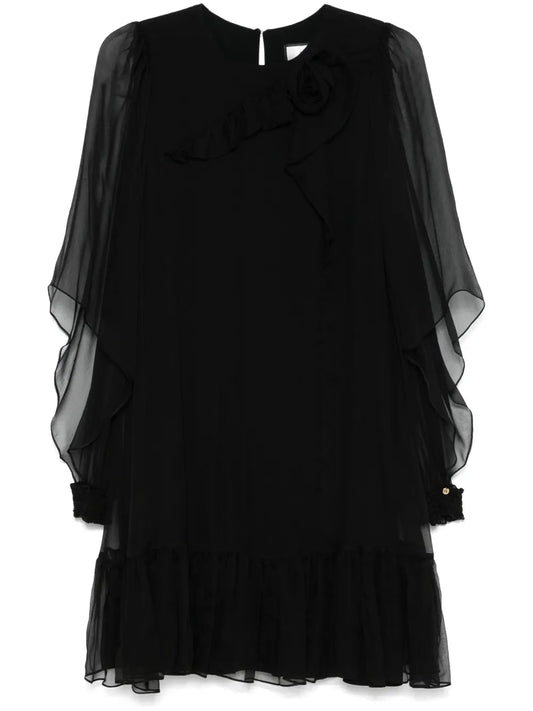 Floral-Appliqué Silk Midi Dress