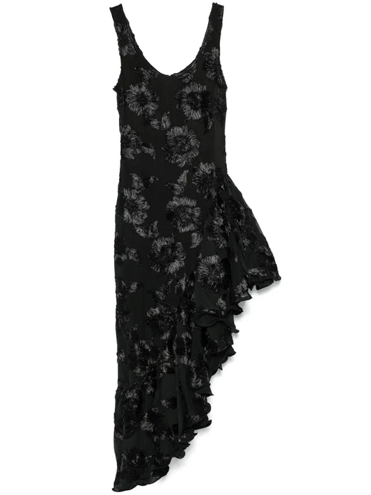 Floral-Embroidered Ruffle-Detail Midi Dress