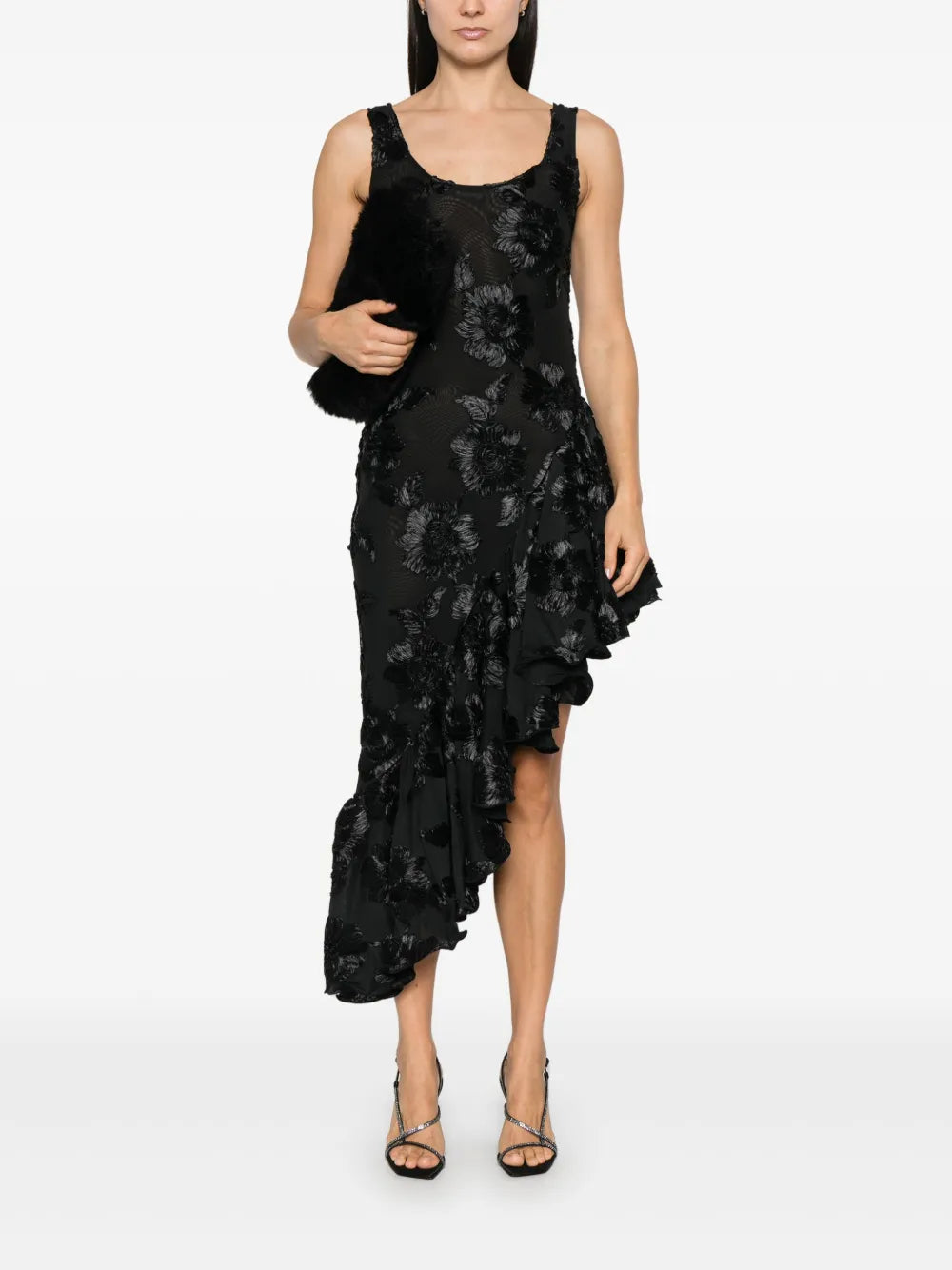 Floral-Embroidered Ruffle-Detail Midi Dress