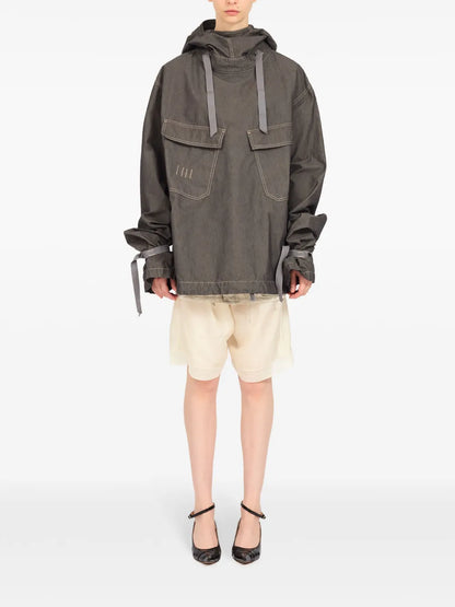 Hooded Drawstring-Waist Denim Jacket