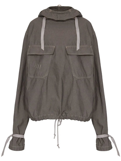 Hooded Drawstring-Waist Denim Jacket