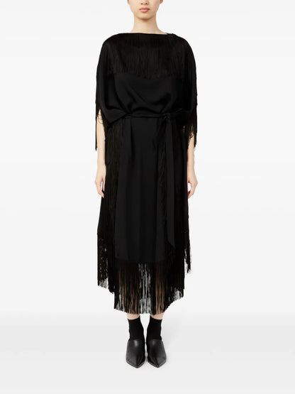 Fringe-Detail Belted Midi Dress