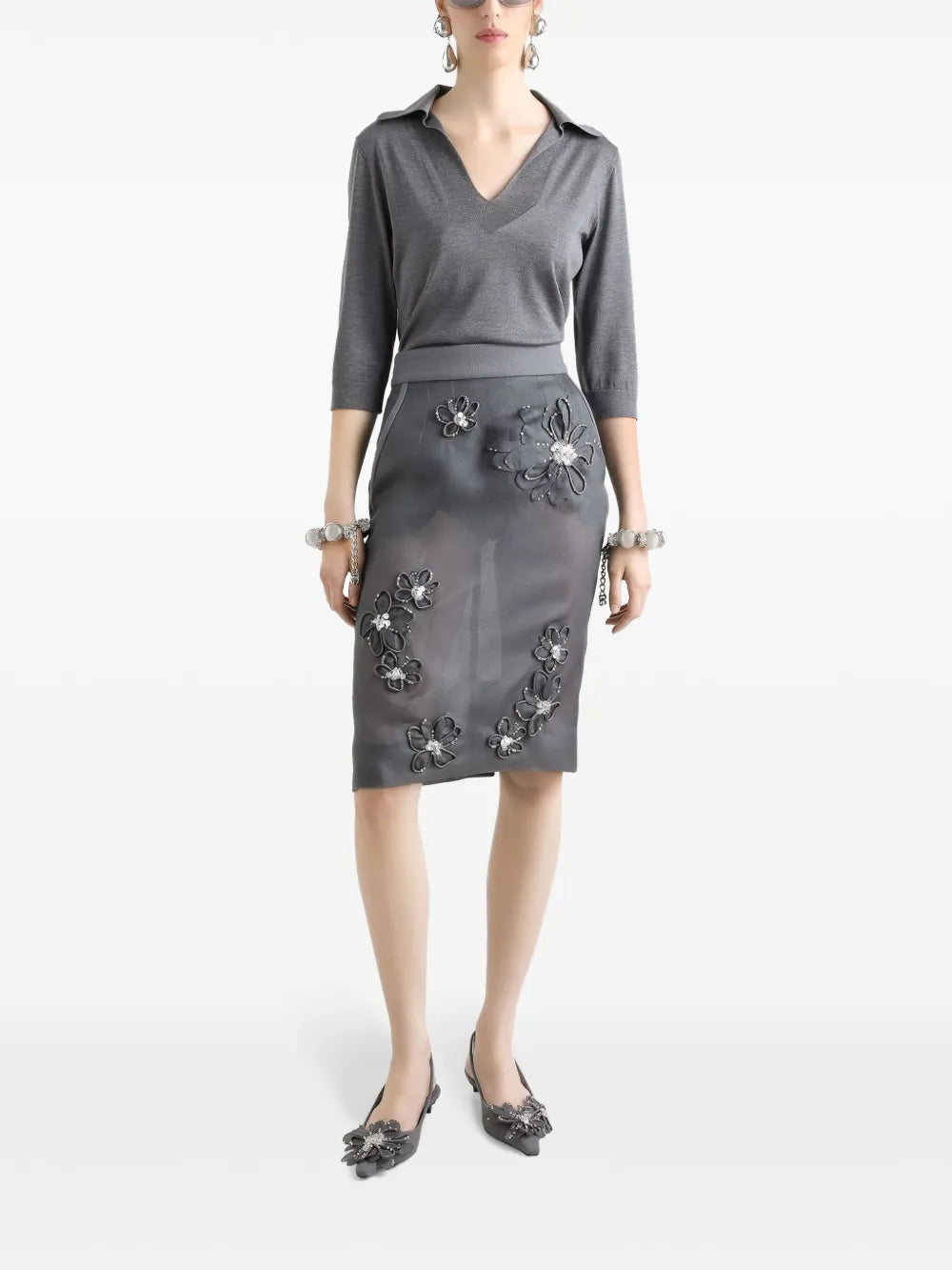 Floral-Appliqué Midi Skirt