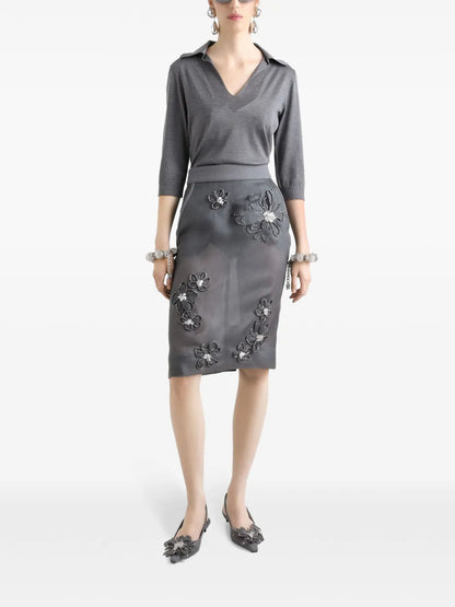 Floral-Appliqué Midi Skirt
