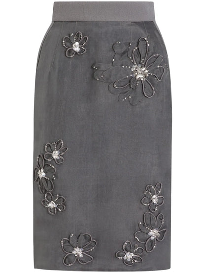 Floral-Appliqué Midi Skirt