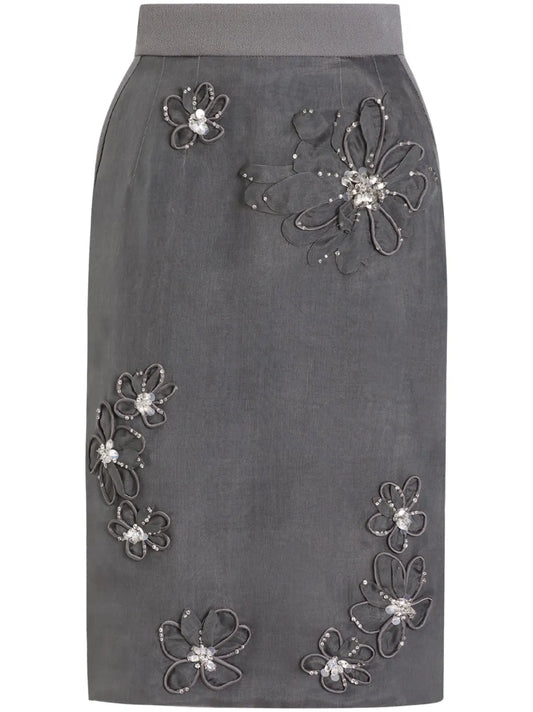 Floral-Appliqué Midi Skirt