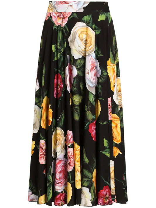 Floral-Print Charmeuse Midi Skirt