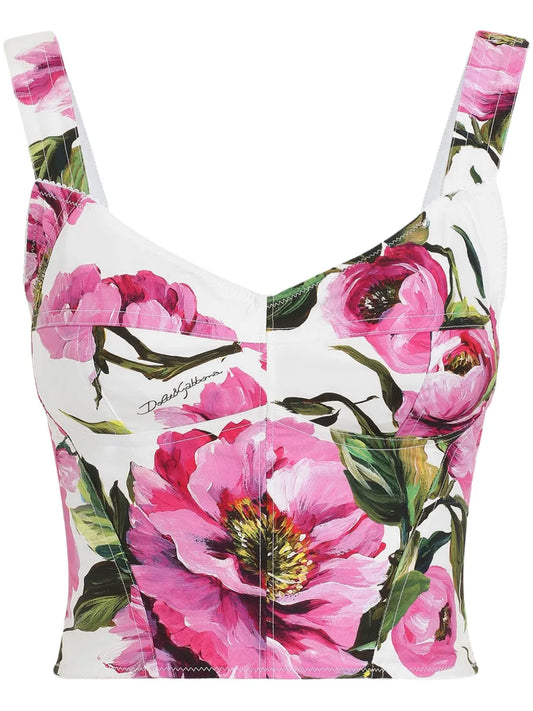 Peony-Print Bustier Top