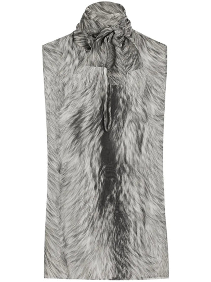 Pussy Bow Top With Fur Print