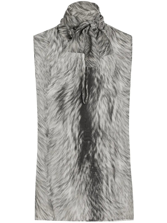 Pussy Bow Top With Fur Print