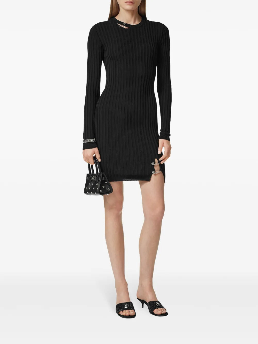 Safety Pin Ribbed-Knit Mini Dress