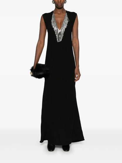 Fringed-Mesh Maxi Dress