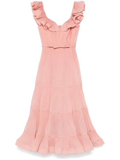 Pleated Frilled Midi Dress