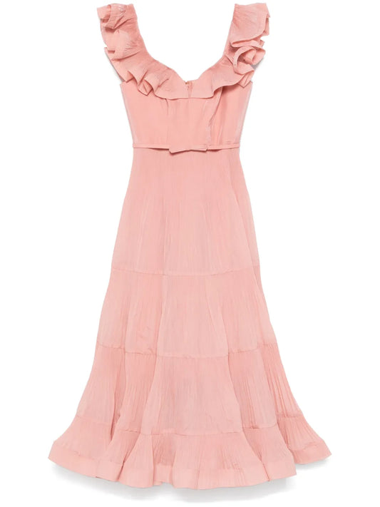 Pleated Frilled Midi Dress