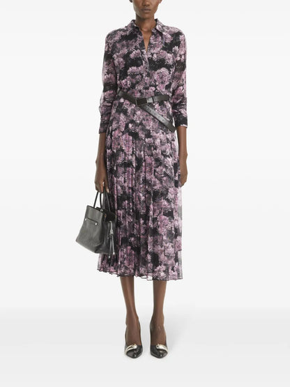 Floral-Print Pleated Silk Dress