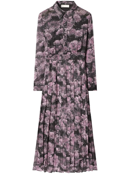 Floral-Print Pleated Silk Dress