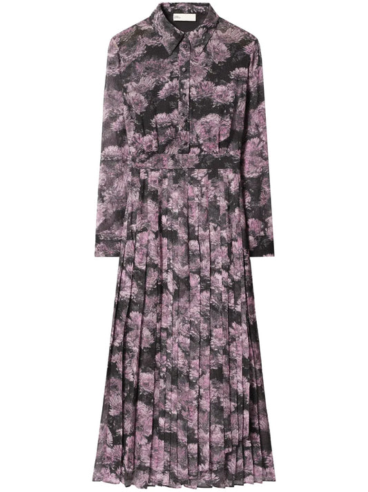 Floral-Print Pleated Silk Dress