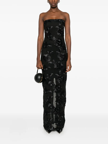 Floral-Embroidered Mesh Maxi Dress