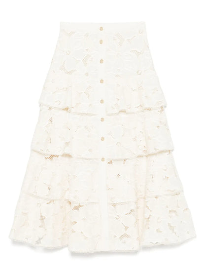 Floral-Embroidered Midi Skirt