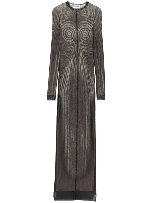Spiral-Print Mesh Maxi Dress