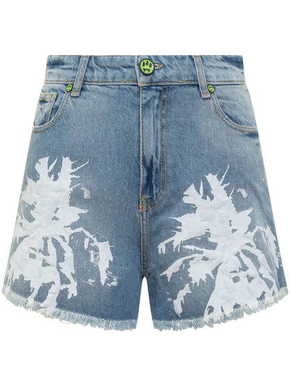 Abstract-Pattern Print Denim Shorts