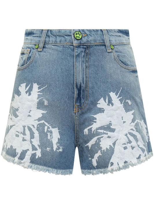 Abstract-Pattern Print Denim Shorts