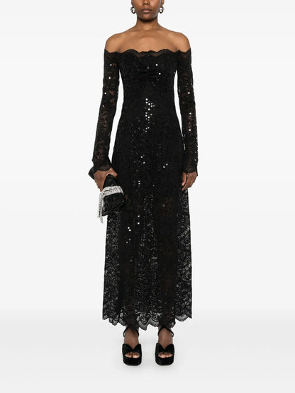 Sequin-Embroidered Lace Maxi Dress