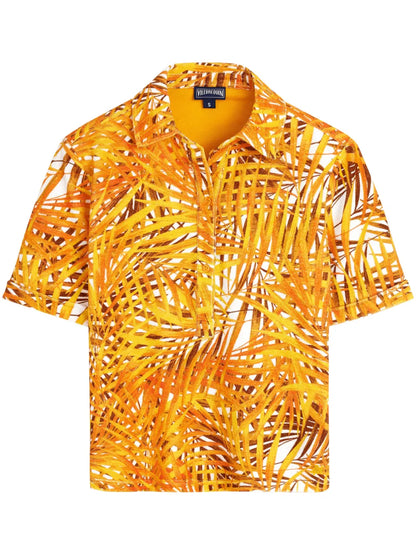 Palm Leaves-Print Terry Polo Shirt