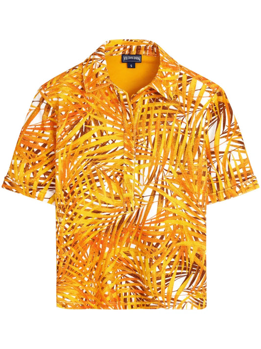Palm Leaves-Print Terry Polo Shirt