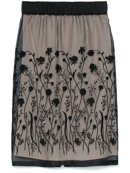 Floral-Embroidered Midi Skirt