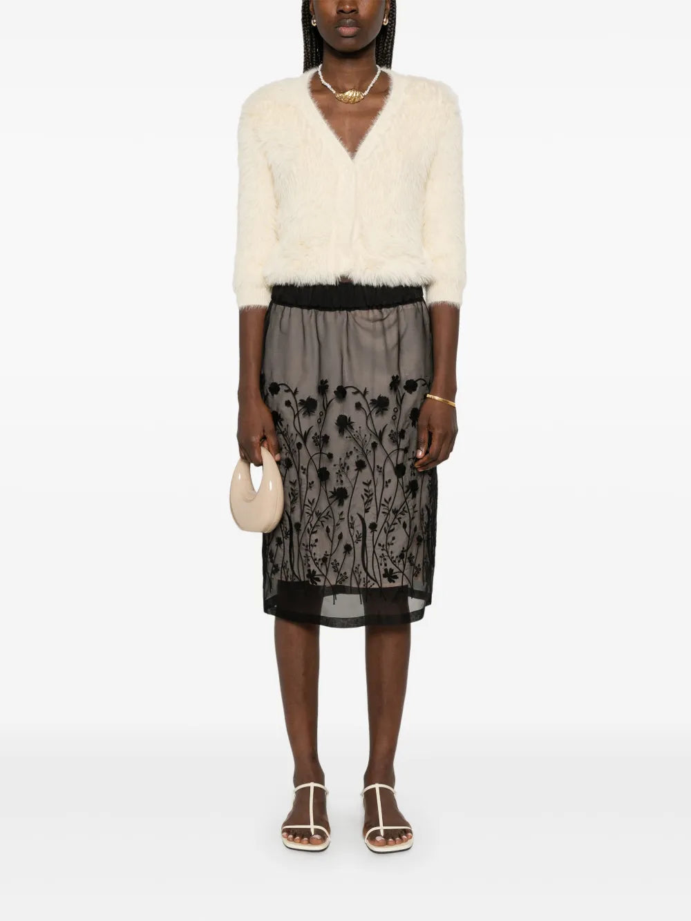 Floral-Embroidered Midi Skirt