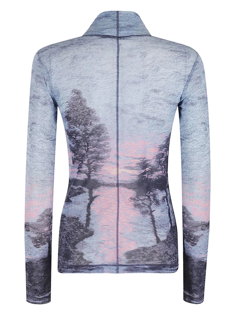 Landscape-Print Mesh High-Neck Top