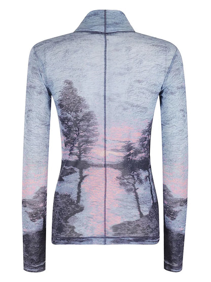 Landscape-Print Mesh High-Neck Top