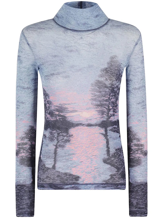 Landscape-Print Mesh High-Neck Top