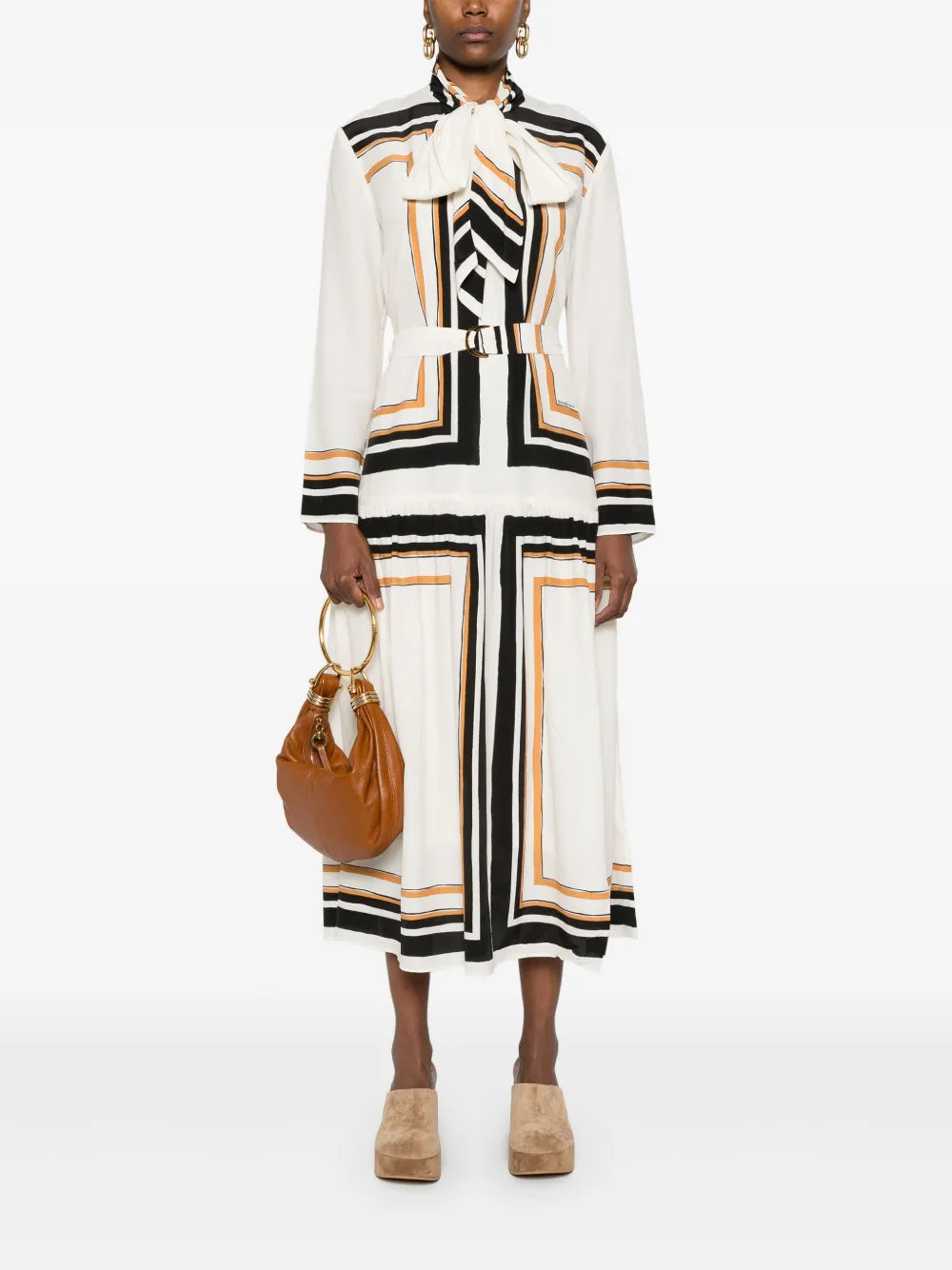 Pussy-Bow Collar Midi Dress