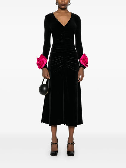 Floral-Detail Velvet Midi Dress