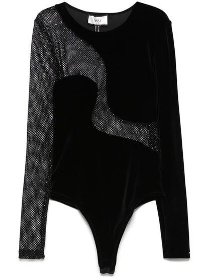 Mesh-Panel Velvet Bodysuit